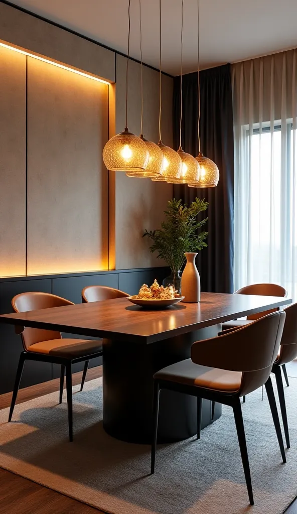 Modern dining room with warm lighting. Elegant hanging lamps on the dark wood table, textured walls in neutral tones and gold accents. Cozy and sophisticated design in trend 2025.Floor with carpet to delimit the area. Elegant style with contemporary touche...