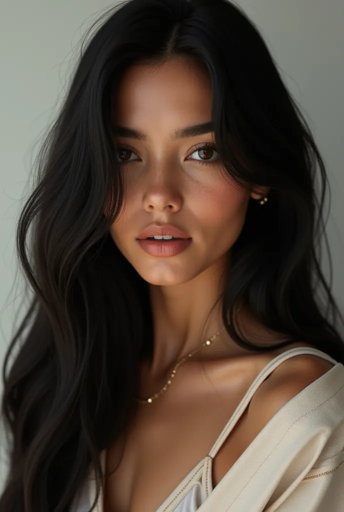 **"A stunningly realistic portrait of a young Brazilian woman with long, straight, jet-black hair that falls naturally to her shoulders, with individual strands visible for added realism. Her pale skin has a soft, natural texture, with subtle imperfections...