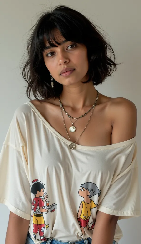 detailed photo, detailed face, indian women wearing loose oversized xxl t-shirt, one sleeve Falling off shoulder showing her bare shoulder, the tshirt has cute anime cartoon prints, Award Winning, High Details, Large breasts, Depth Of Field, Chromatic Aber...