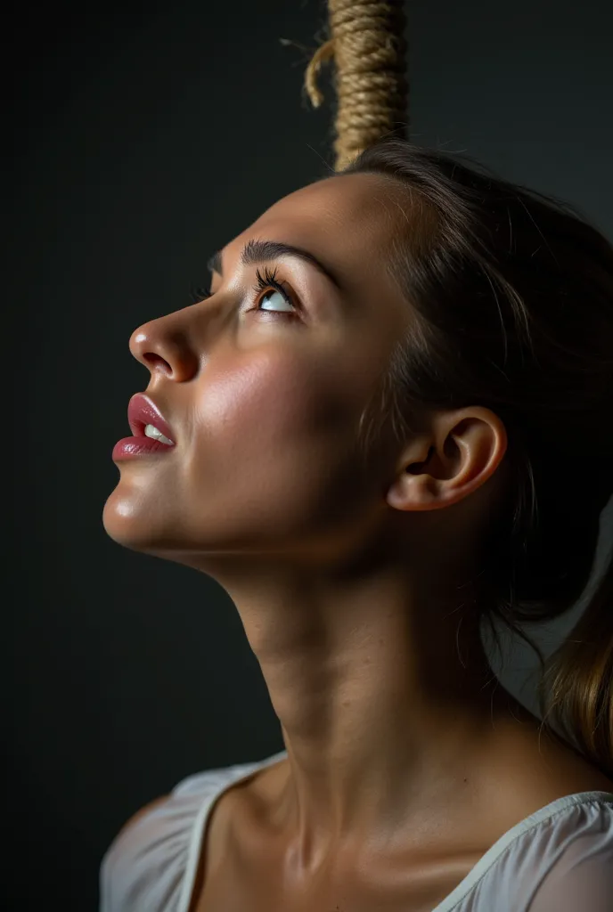 A profile image close up of a dead women while hanging, she is looking up, brown woman, blonde pony tail hair, mouth open, tunk out between her lips , front view, rope around her neck ,her face represents fear ,the rope on her neck hardly tightened and set...