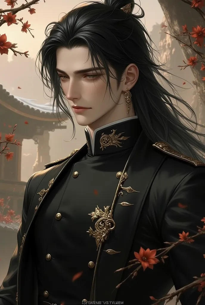   Young man,Organized,Noble, elegant,European Style,Hanfu, long hair, black hair, ,masterpiece, anatomically correct, Necessary, dancing, male face , strong jaw,  golden eyes, black military uniform , 36 years Read more , 