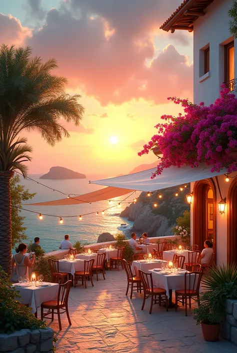 Generate an image of a Greek restaurant overlooking the ocean and featuring a magical sunset setting