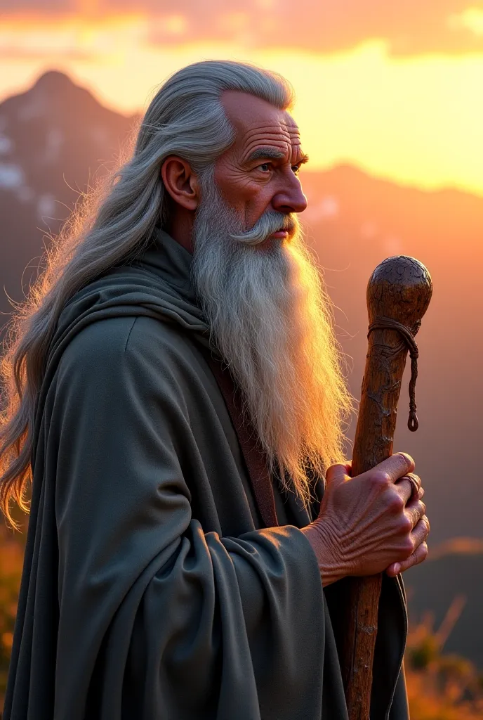 A hyper-realistic 8K image of Gandalf Ian McKellen, the iconic wizard from The Lord of the Rings, standing in a detailed mountainous setting at sunset, with golden light reflecting on his figure. He has long flowing gray hair, full of beard and detailed wi...