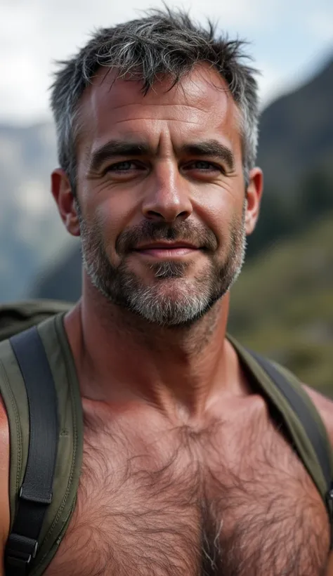 masterpiece, best quality, high resolution, closeup portrait, male focus, solo focus, a man, pretty shirtless  sweaty hairy guy hiking, bending over camera perspective,  dark and silver hair, 42 years old, hiking and climbing, view from below, scruffy, clo...