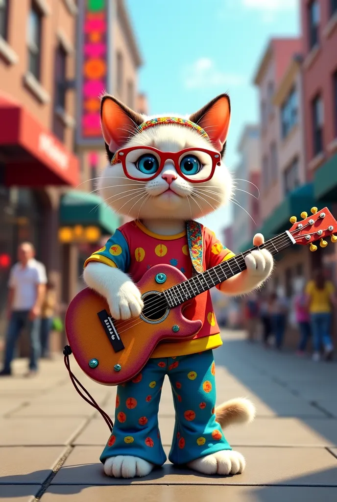 A white Siamese kitten wearing hippie clothing, with glasses with blue lenses, Playing a guitar while standing on the sidewalk of a busy street 