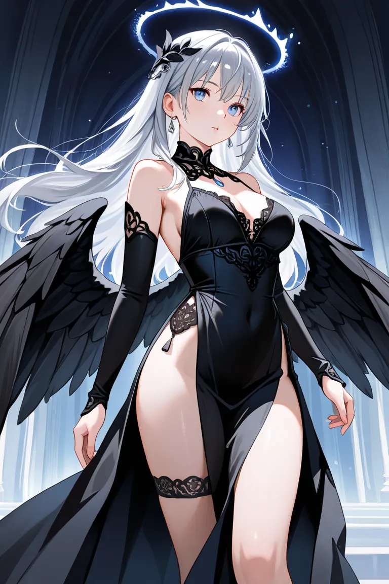 Masterpiece, Best Quality, Top Quality, Very Detailed, A beautiful dark angel with silver hair, deep blue eyes, and majestic black wings. She wears an elegant black lace dress, exuding mystery and allure. Soft glowing light enhances the ethereal, fantasy a...