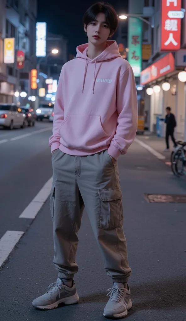 a stylish man/woman rocking a trendy streetwear look,wearing an oversized pastel hoodie,loose cargo pants,chunky sneakers,accessories include,realistic portrait,detailed facial features,calm expression,standing pose,vibrant colors,dynamic lighting,urban st...