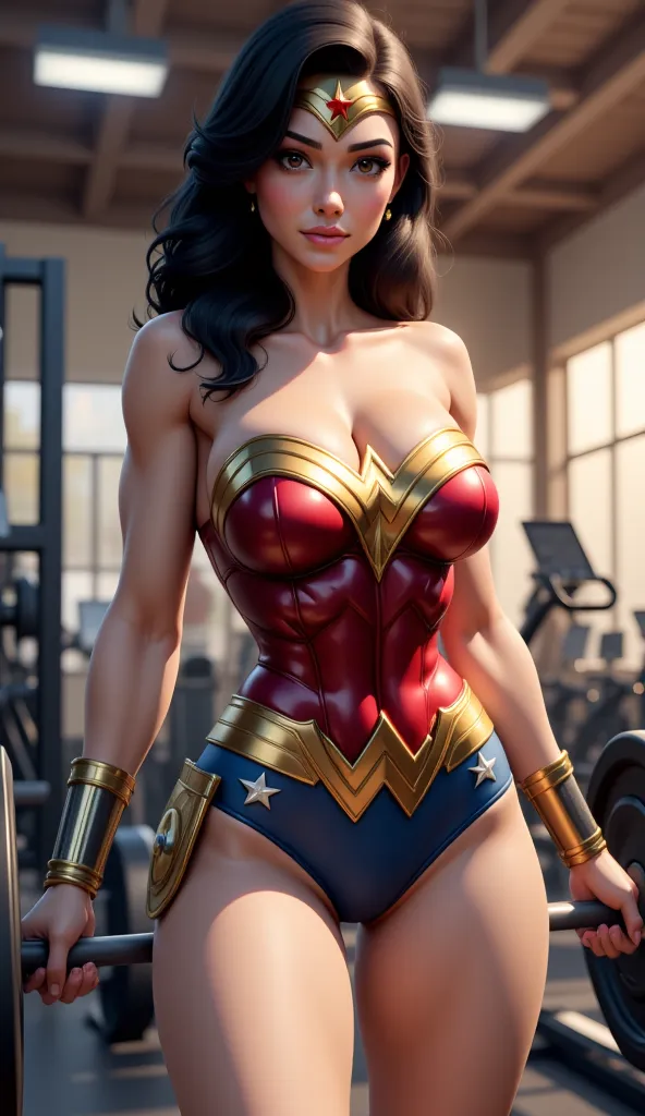 A highly detailed 3D style scene of transformation at the gym.  Wonder Woman, now with a toned and defined body,  trains intensely . She wears her classic suit , that now perfectly fits her sculpted physique. Sweat shines on her skin as she lifts weights w...