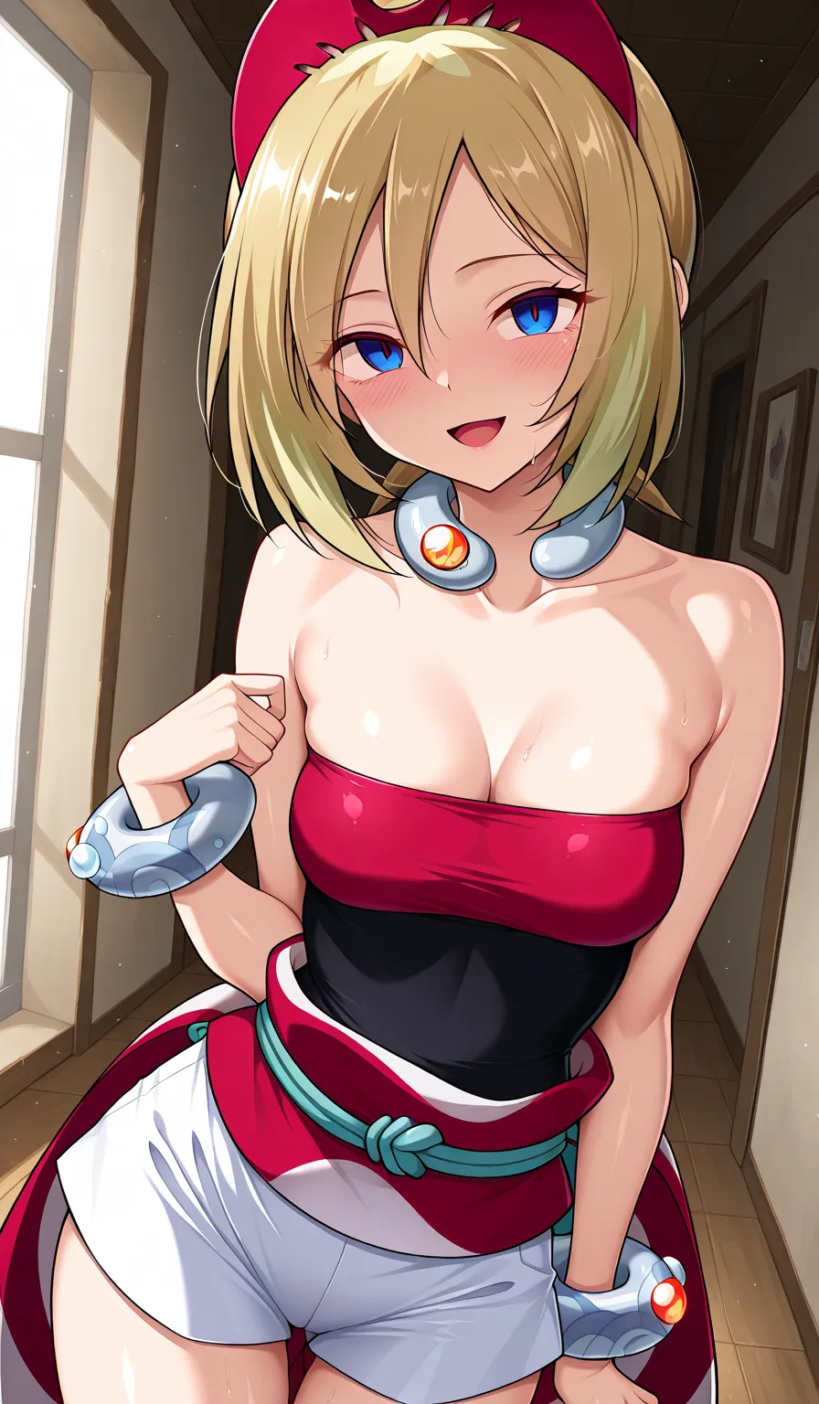 1 girl,(It looks like they are being manipulated by hypnosis),Pokemon Irida, Pokemon Irida, blond hair, blue eyes,  o,  medium hair,
bracelet,  above Decorati has ,  jewelry,  collar , red headwear, red  shirt, band,  shirt, SHORTS, Strapless, Strapless  s...