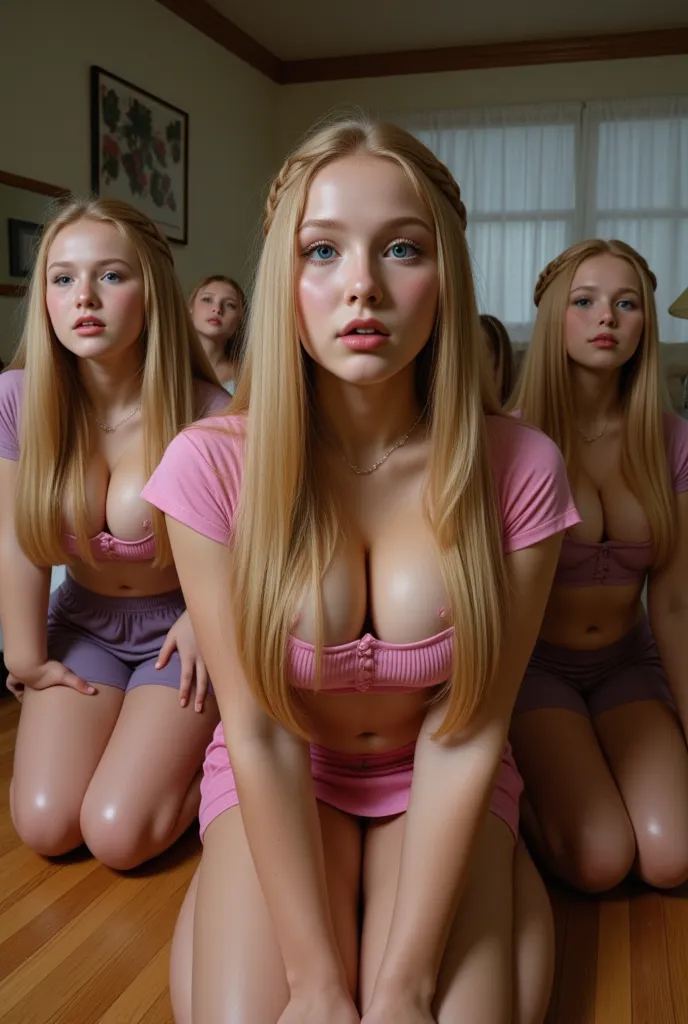 Very realistic photo of 5 very young girls ,  long blond hair,   3 girls have long braids  , Different hairstyles,    small short blouses and miniskirt  ,   detailed face ,   big and beautiful blue eyes   ,  kneeling on the hardwood floor in a bedroom at n...