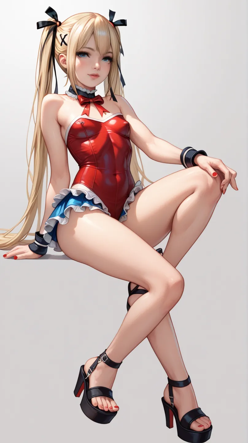 (masterpiece, of the highest quality), Marie Rose, A beautiful woman with striking features, blue eyes, yellow hair with two pigtails, Dead or Alive. wearing a red strapless tank top with an exposed belly, wearing a black miniskirt, wearing white sandals, ...