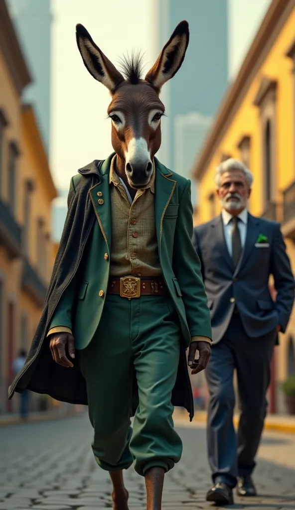 An ultra-realistic digital artwork of an anthropomorphic donkey standing in a vibrant Brazilian city street, resembling São Paulo or Rio de Janeiro. Unlike imposing figures, this donkey appears weak, with slouched shoulders, drooping ears, and tired eyes f...