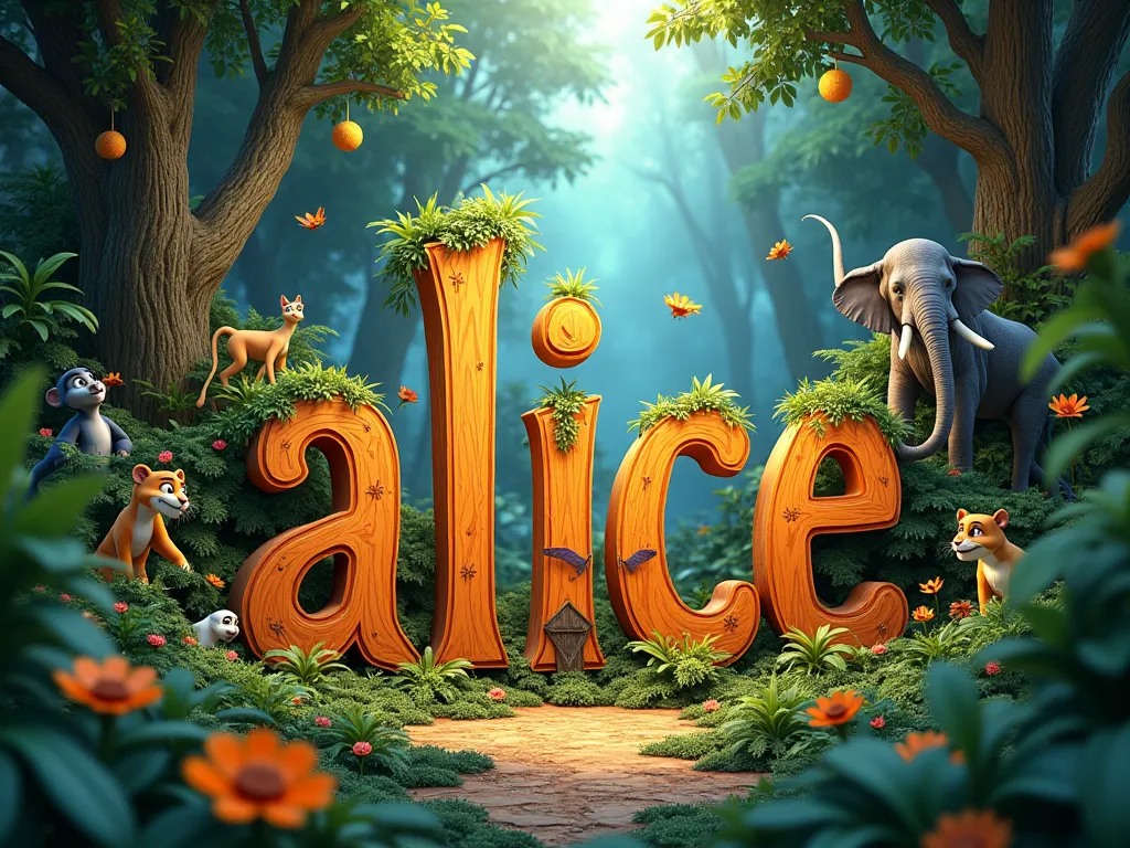 Créer une affiche avec une écriture lettre par lettre "ALICE " en français. dans un style Disney 4D. L'ÉCRITURE DOIT ÊTRE BIEN VISIBLE. 

Thème animaux de la jungle ultra réaliste et détaillée 