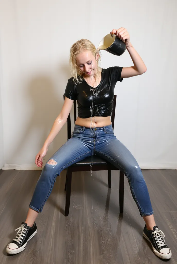 short skinny blonde women sitting in a chair, blue eyes, very short hair, faded skinny jeans,  t-shirt, bare midriff,  Converse chucks sneakers, wet, wet clothes, wetlook, legs spread wide, pouring water over her jeans