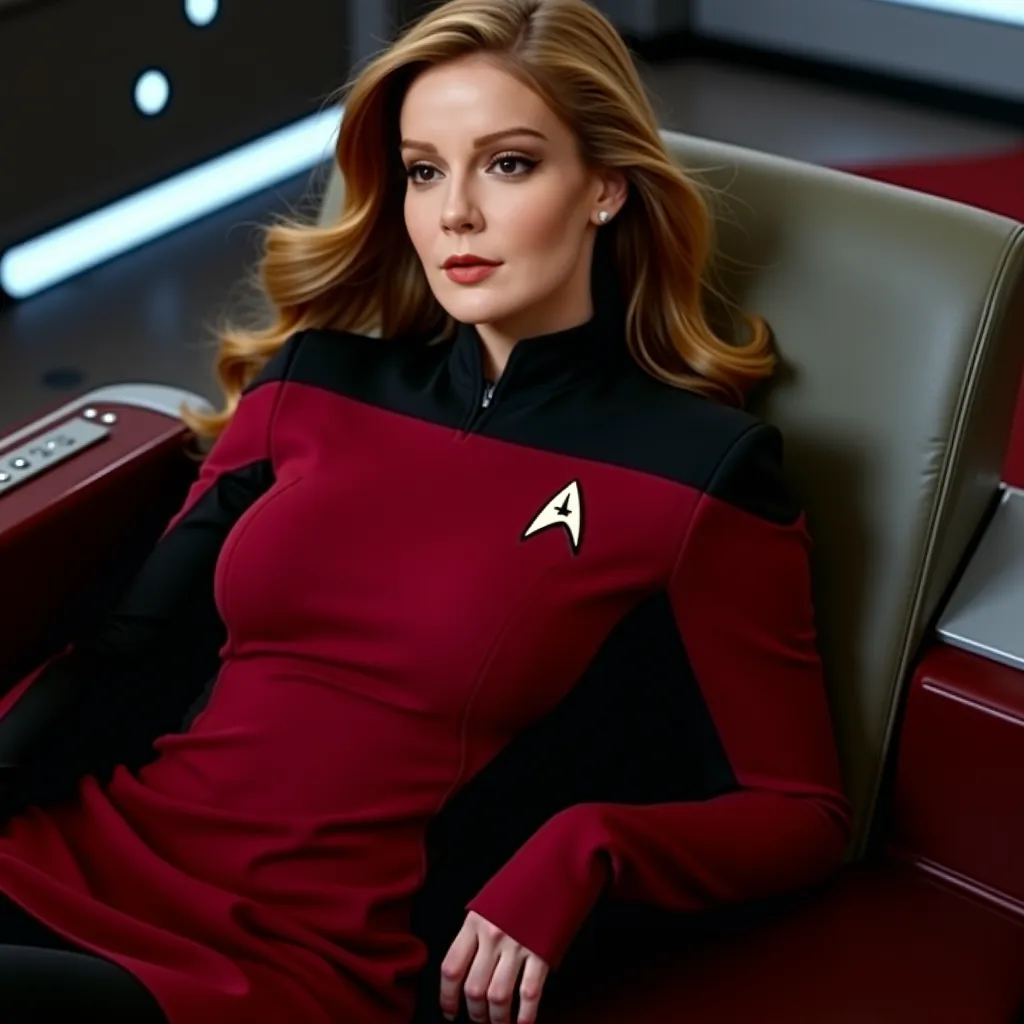 full-length photorealistic image of a female Starfleet captain, in her 30s , red Starfleet official Star Trek uniform: Next Generation with the Starfleet TNG logo,  slim, fit,  Muscular,  beautiful. long flowing hair, shawl neckline, on the Starship Enterp...