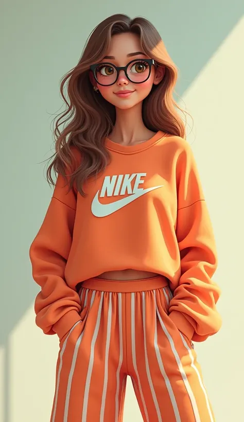  women create a picture of how I will look Pixar style. I am 165 cm ,  I have brown skin with blonde highlights ,  I wear glasses and Nike pullover and &#39; striped pants {x} wide pants.