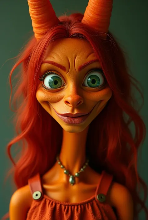 An orange witch with a carrot nose, She has the face of a liar,  I'm 50 years old , And it's sexy . It's orange. has green eyes, She's a redhead and has a little red bag. It is a photograph  