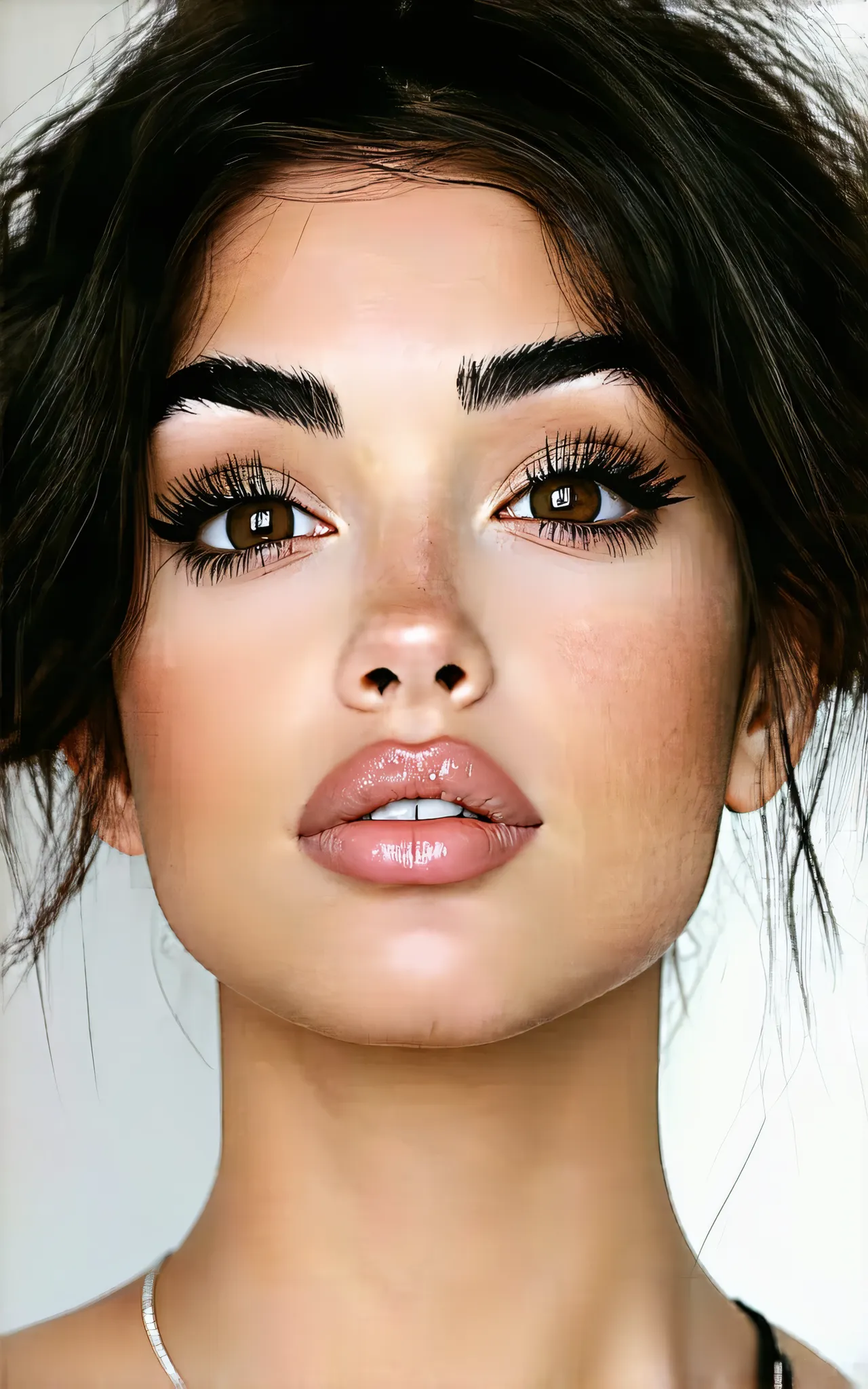 Close-up portrait of a young woman with dark, wavy hair, large eyes with bold eyeliner and lush lashes, well-defined eyebrows, plump glossy lips, soft lighting, neutral background. Photorealistic, high level of detail, 8K resolution, cinematic realism
