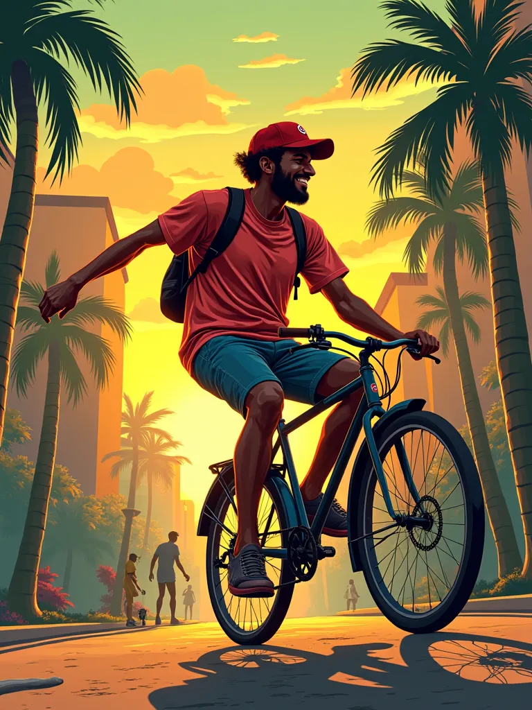 reflect the spirit of freedom and joy "Enjoy The Ride" create a relaxed and fun atmosphere, groovy, and full of spirit:
Prompt:
} relaxing on a skateboard or riding a bike on an urban street, groovy,  and playful , but still having a deep meaning. Album co...