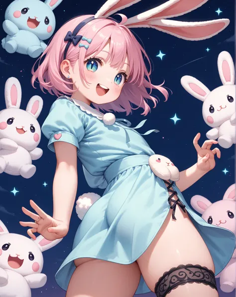 chibi anime , petit girl , round face , show off Thick thighs , bold open side drawstring dress , black garter ring , (heart is beating fast:0.1) , (Rodents tooth) , bold pose , out of frame , looking away , coquettish , rabbit ear , turn , night club , di...