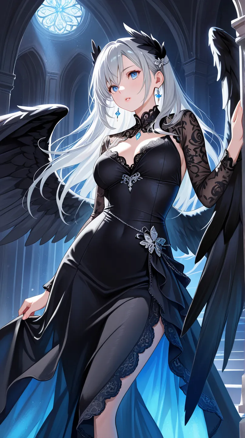 Masterpiece, Best Quality, Top Quality, Very Detailed, A beautiful dark angel with silver hair, deep blue eyes, and majestic black wings. She wears an elegant black lace dress, exuding mystery and allure. Soft glowing light enhances the ethereal, fantasy a...