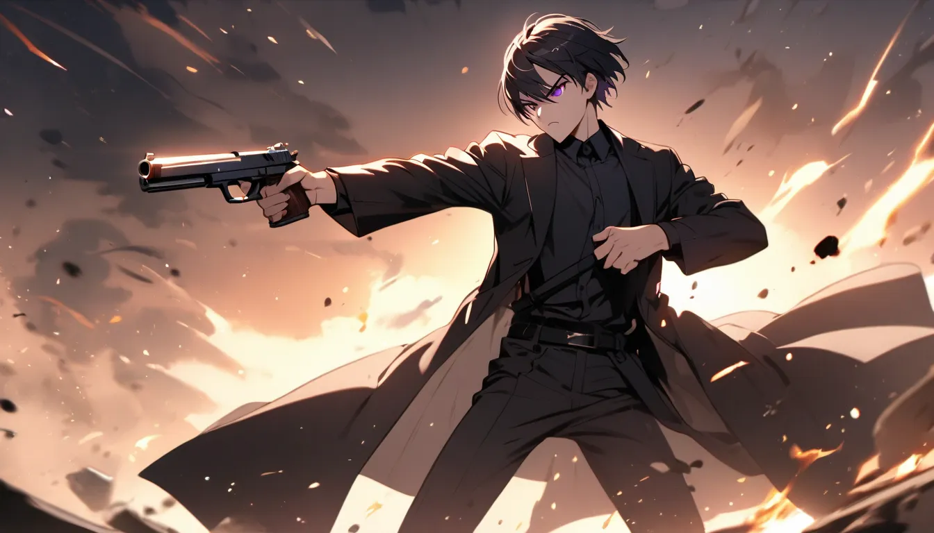   casting,  alone, 1 person,  short hair ,  black hair,   purple eyes,  Black Shirt,   Black Coat ,Fight with pistols 