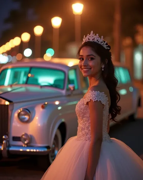 "Create an artistic, soft-focus image that captures a luxurious limousine parked under gently glowing street lights. In the foreground, a young quinceañera in a flowing gown smiles softly as she stands beside the vehicle. Use pastel hues and subtle texture...