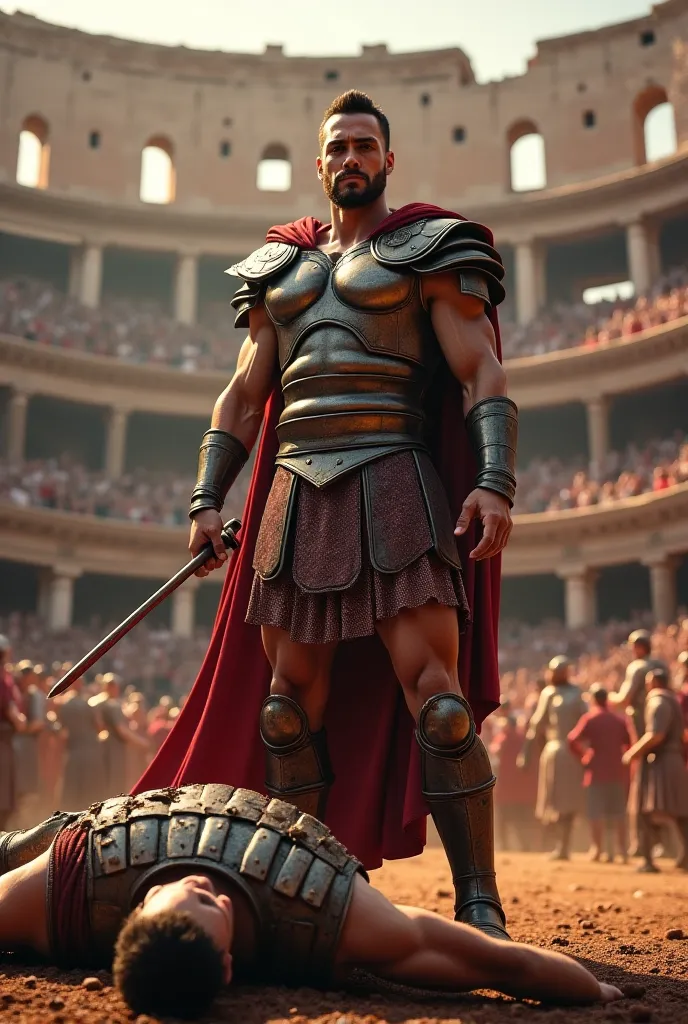 Create me a picture of a warrior in the Coliseum who just gave his opponent the coup de grace