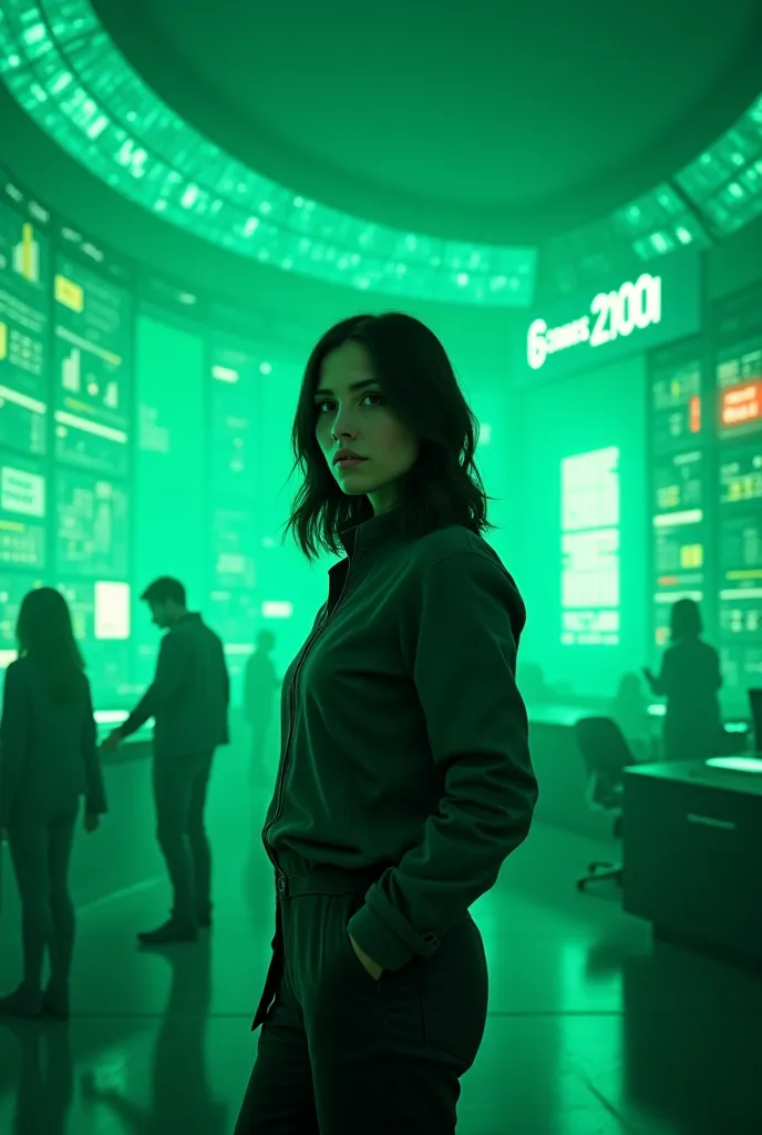 Create a futuristic cyberpunk style in shades of green  , Where there is a dark-haired Caucasian woman teaching finance ,   dressed casually