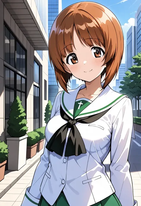  high res,  top quality,  Super Quality  、 outdoor、 Tokyo 、Shinjuku、building、 upper body、Absolute reference to center、 shot from the front 、smile,  smiles on the vase、  Closed Mouth、Nishizumi Miho 、 one girl、solo 、Standing、 Tiny Breasts 、 small tits, beaut...