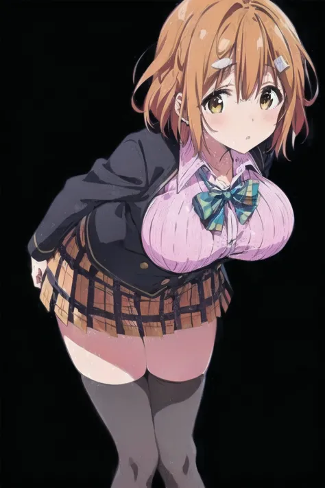 Koiwai Yoshino ,(masterpiece, best quality:1.2),2D, anime,  Anime art,  line art  , watercolor,loli, 1 girl , (orange hair), (large breasts:1.6),jacket,plaid,(school uniform),(short hair),skirt,Alone,thighhighs,(head out of frame), waist, (leaning forward)...