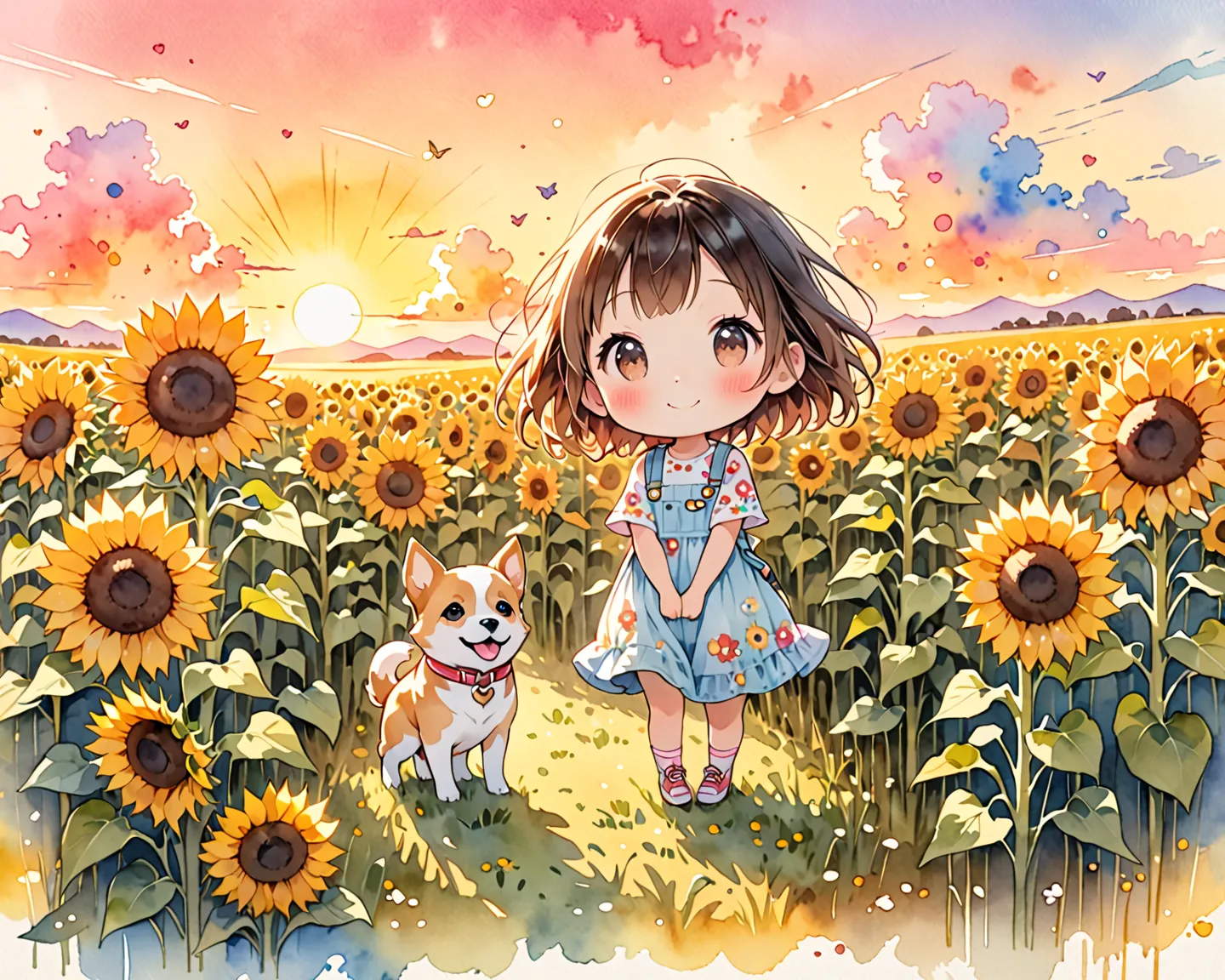  hyperrealism, Simple Line Acronym，Abstract art，Kitamura Nobuhiko style , Kawaii design ,  watercolor, Chibi watching the sunset, sunflowers, best smile, walking with a dog