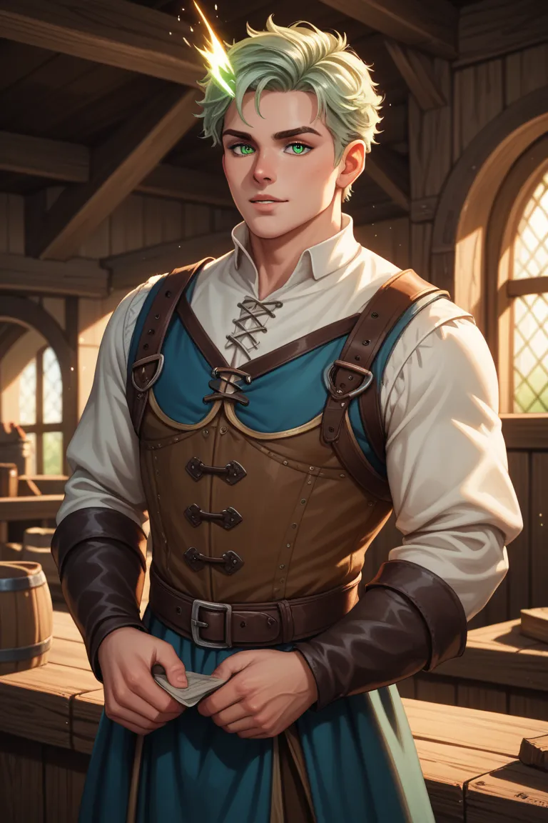 Draconate man,messy silver short hair, muscular,  light green eyes, medieval blacksmith, With blacksmith clothes 