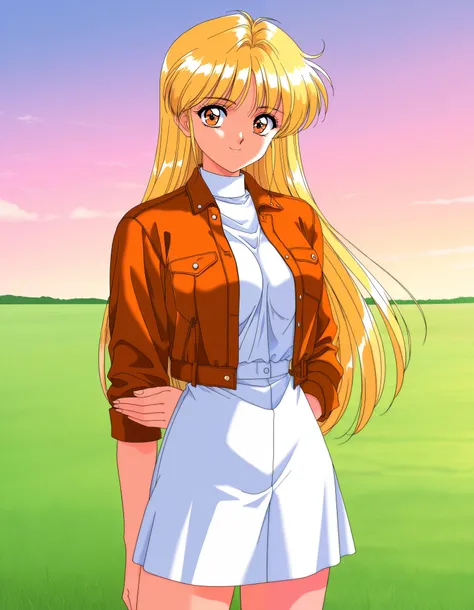 general,highres, ultra-detailed,very aesthetic,best quality ,best hands,  BREAK rika, 1girl, solo, blonde hair, long hair, orange eyes, large breasts, 1990s (style), retro artstyle, game cg style,
jacket, shirt, skirt,
smile,looking at viewer, cowboy_Shot,...