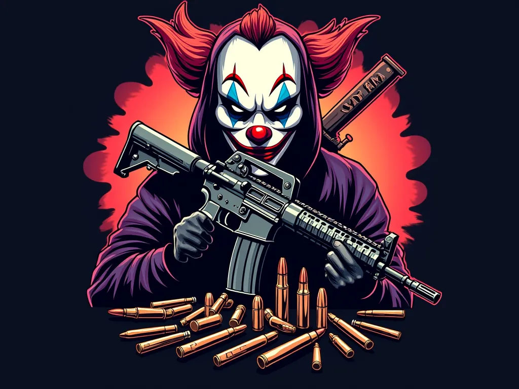 Create a logo with an M4A1 rifle and ammunition written by Cartel DuCrime with a clown mask make a cartoon