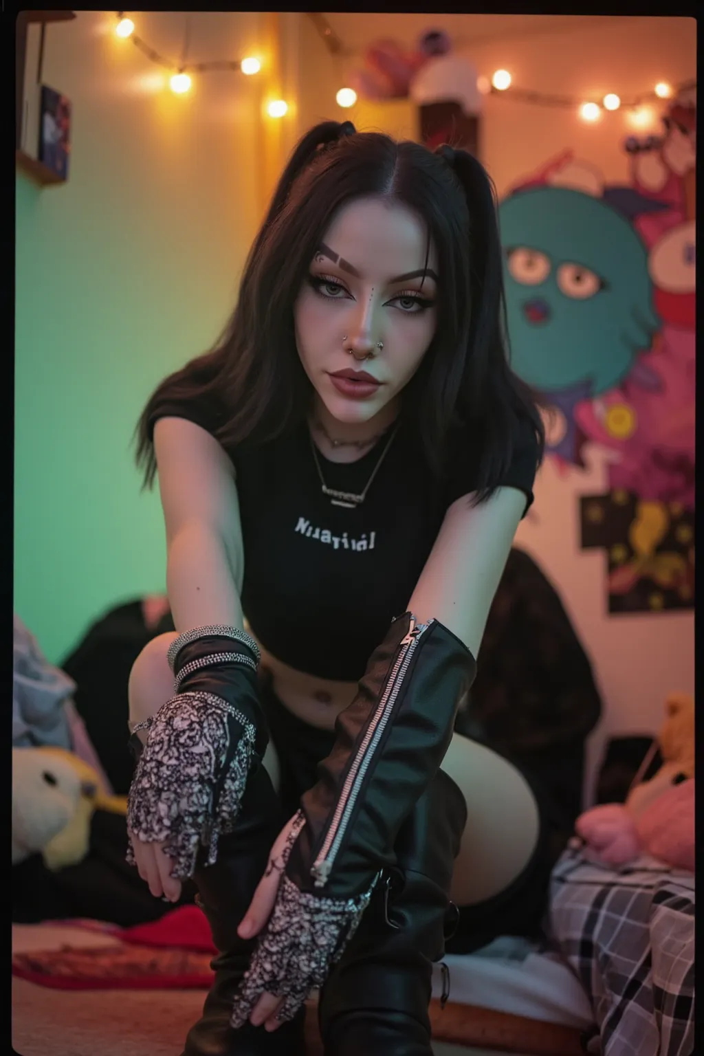 mggs2, ultra realistic, ultra detailed image, ultra quality,  mggs2, cinematic, ((full body shot)) ((gothic style)),  a beautiful  gothic sensual woman wearing a gothic outfit, looking at the camera in a sensual way, slight smirk, spiked bracelets, silver ...