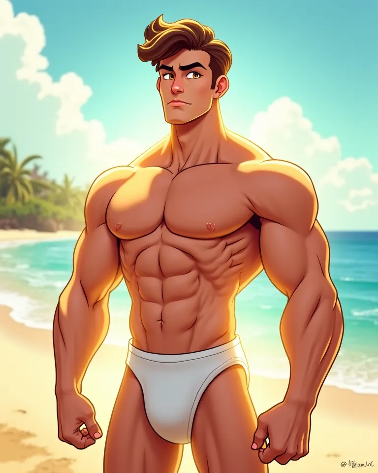 strong man, fair skin, golden eyes, brown hair, dressed with diaper, entire body, standing up, beach background, portrait, comic animation style