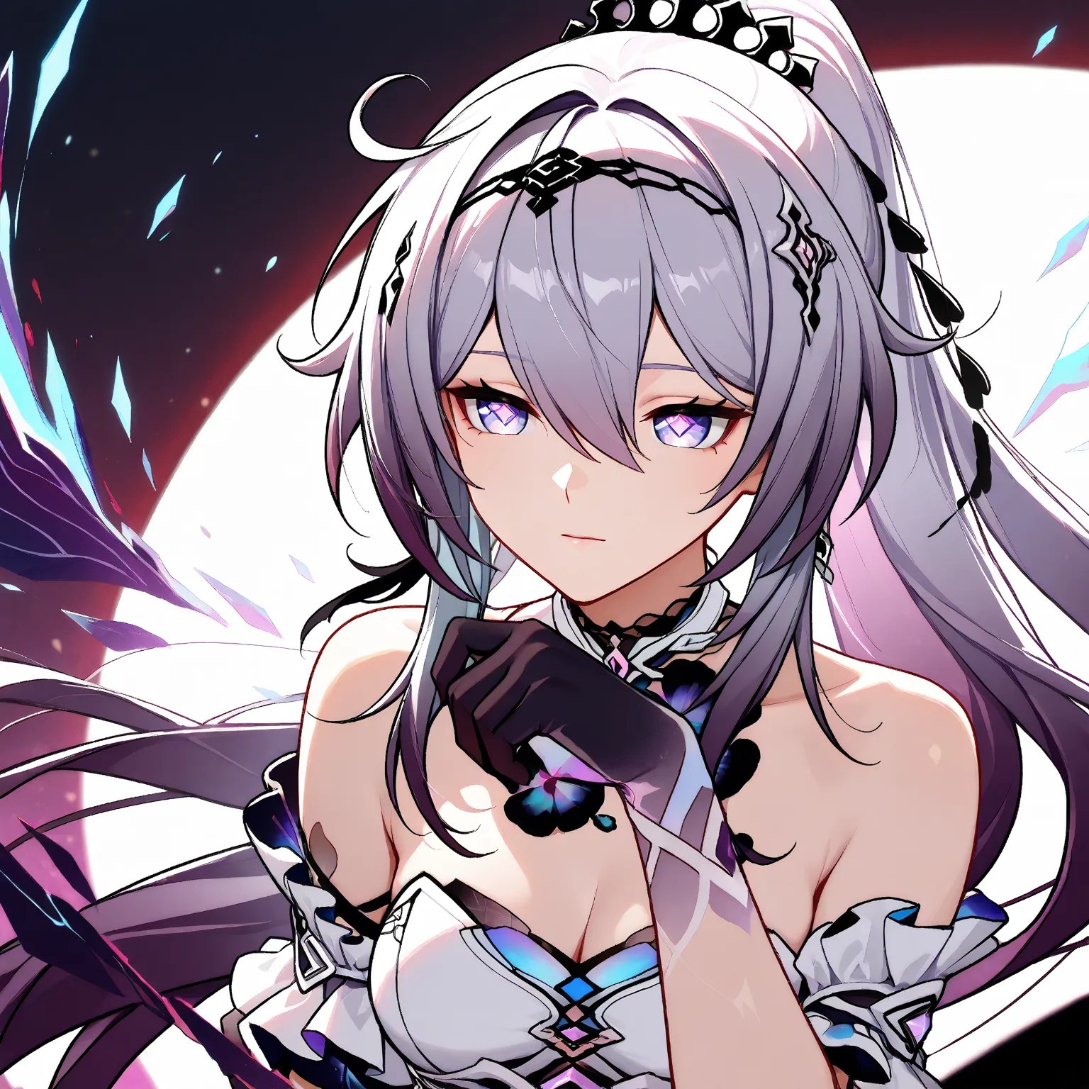 herrscher of finality (Honkai Impact 3rd), 1 girl, solo, anime style, very long hair, ahoge, high ponytail, hair ornament, crown, symbol-shaped pupils, white dress, black gloves, bare shoulders, cleavage, Graceful pose, soft lips, extremely detailed face, ...