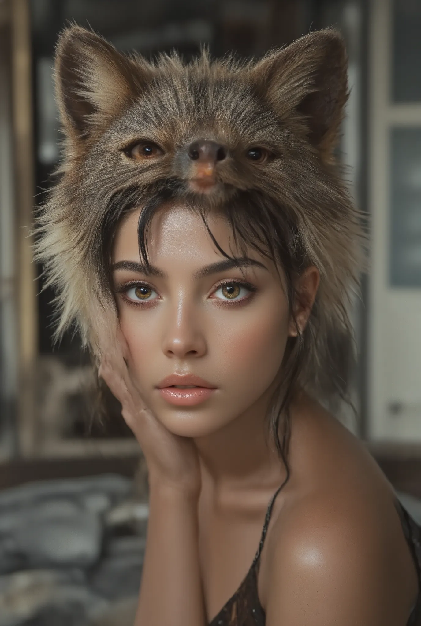 Retro Photography，((The style of American films in the 1990s)), (Extreme details ，Original Photography, best quality), (Exquisite light and shadow, Very dramatic picture, Movie lens effects)，((Reality:1.3))，Indian woman with wolf skin on her head ，Perfect ...