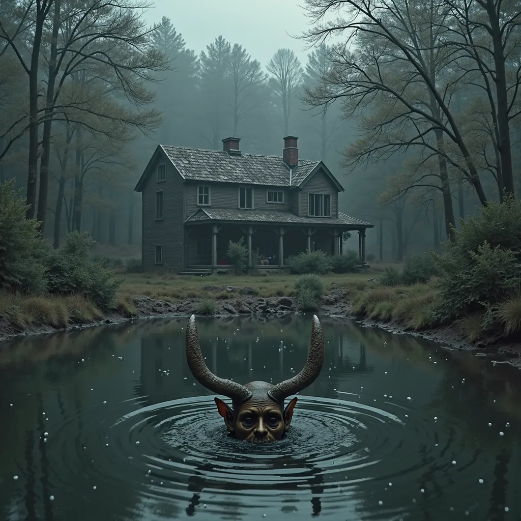 Create a realistic professional photograph of an abandoned house nestled in a dark forest, overlooking a murky lagoon. The high-quality real footage captures the eerie beauty of the scene, with a wide-angle shot showcasing the entire  structure. Completing...