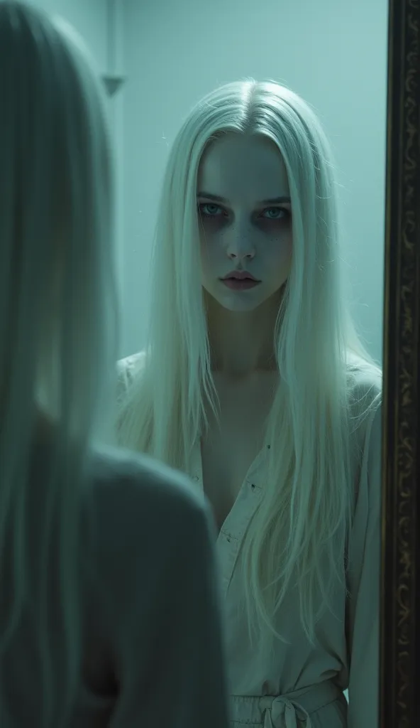 A female figure with long white hair, pale and deep eyes, with extremely white skin. She stands in front of a bathroom mirror, your reflection distorted by mirror haze.  The lighting is cold , with a faint backlight,  creating an atmosphere of terror and m...