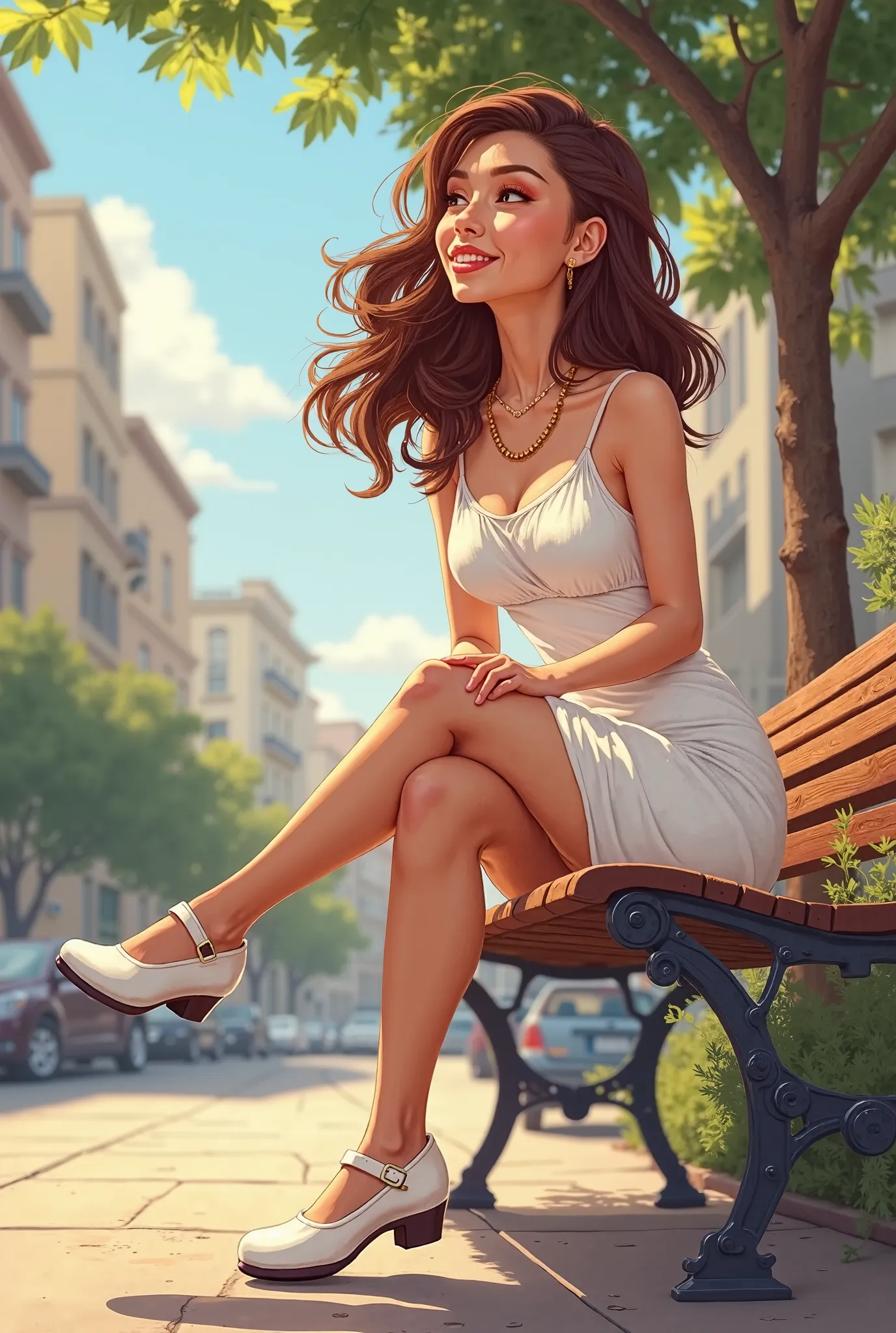 Tip: A very lovely  beautiful Asian American woman being happy alone on a bench in Downtown San Diego in the sun… The illustration is a high definition illustration with 4k resolution., with highly detailed facial features and cartoon style visuals, white ...