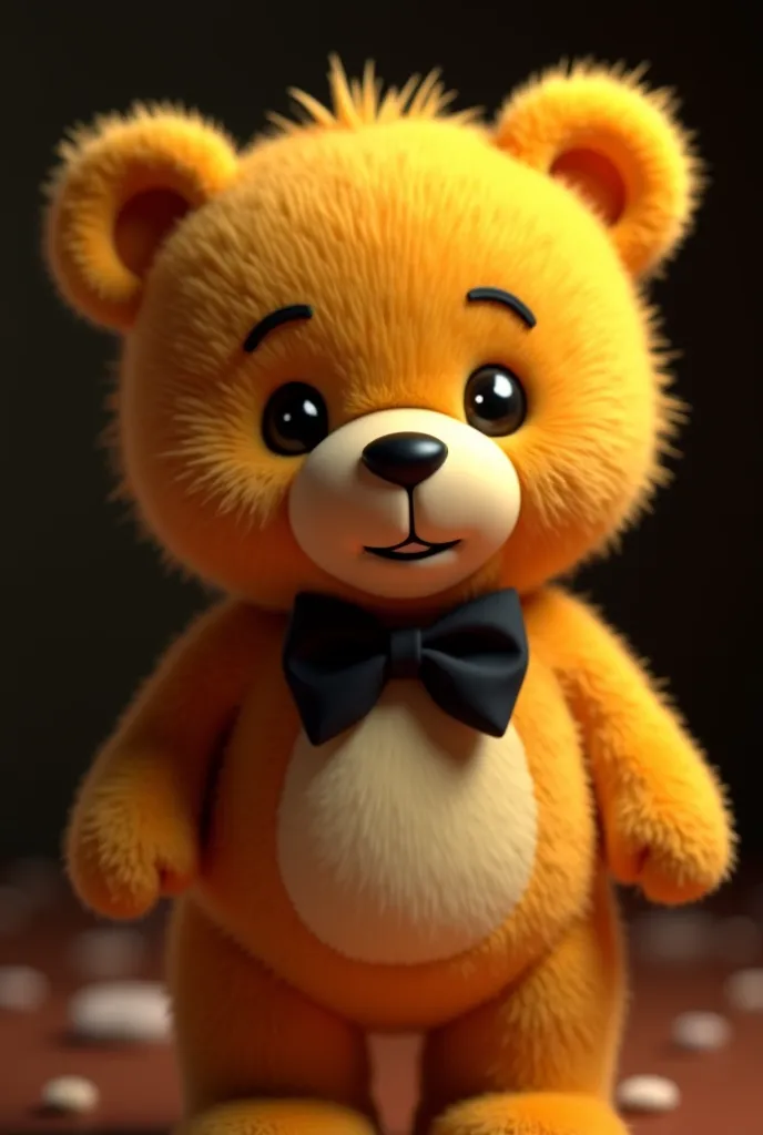 “A golden and fuzzy teddy bear, with a cute and serene expression, Open eyes and a slight smile. He wears a small black bow tie.  The background is dark and slightly blurred , with soft lighting highlighting the realistic texture of the fur. The atmosphere...