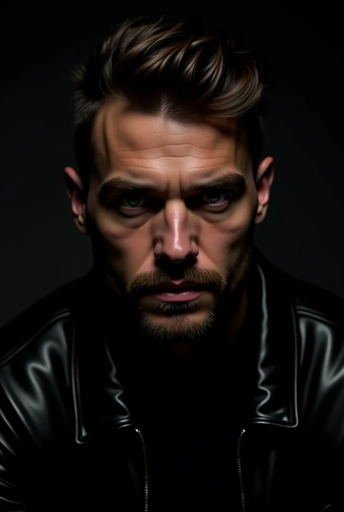 black leather jacket, man wearing black leather jacket, detailed facial features, high quality portrait, photorealistic, studio lighting, dramatic lighting, sharp focus, cinematic, intense colors, moody, dramatic, powerful expression, cinematic composition...