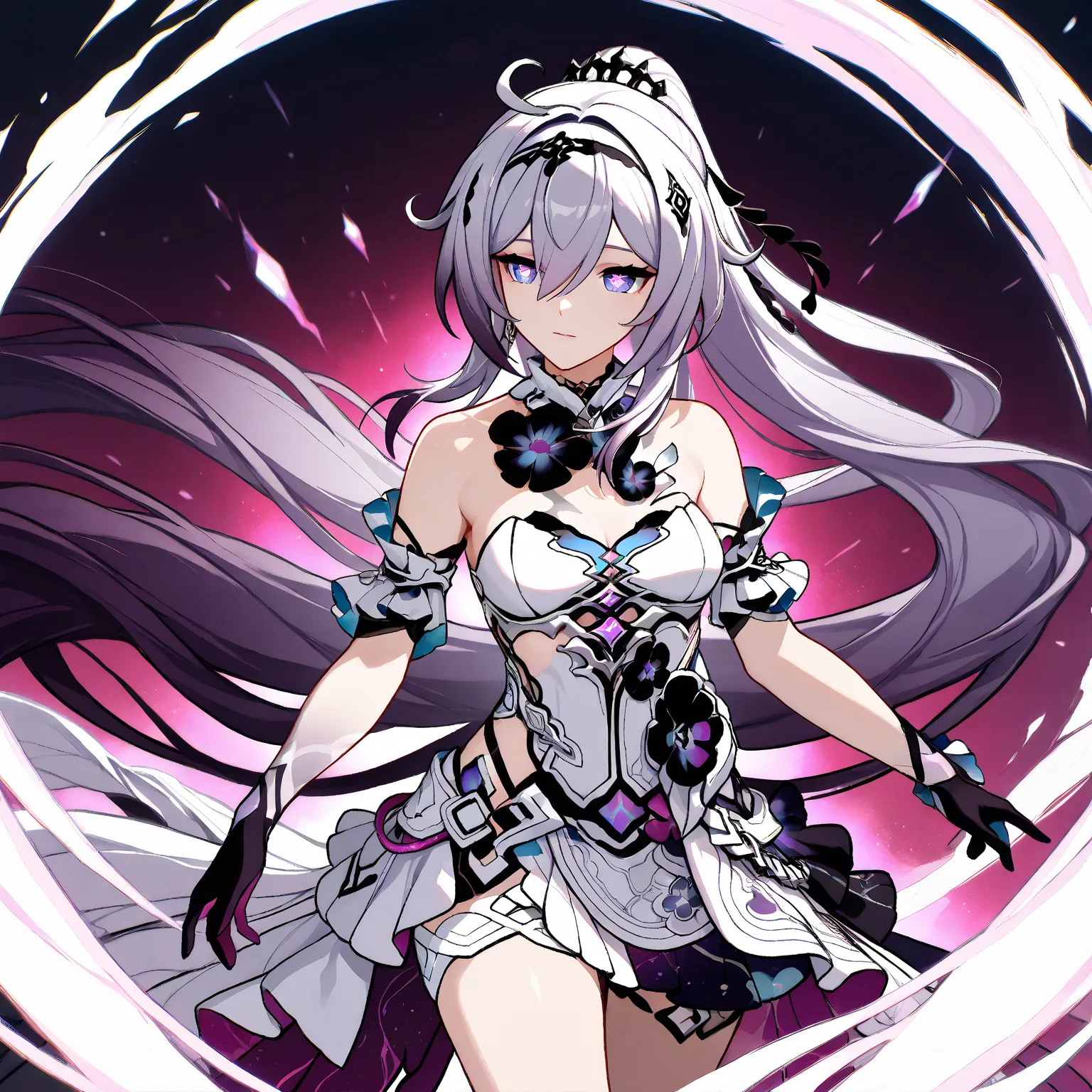 herrscher of finality (Honkai Impact 3rd), 1 girl, solo, anime style, very long hair, ahoge, legs, high ponytail, hair ornament, crown, symbol-shaped pupils, white dress, black gloves, bare shoulders, cleavage, Graceful pose, soft lips, extremely detailed ...