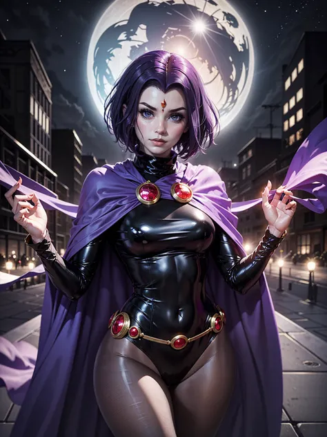 illustration of Raven of DC Comics, 1girl, raven, turtleneck, black leotard, black cape, purple hair, forehead jewel, purple eyes, short hair, belt, skin tight, standing, cleavage, toned, pose, night, moonlight, ((posing)), motion lines, torso, upper body,...