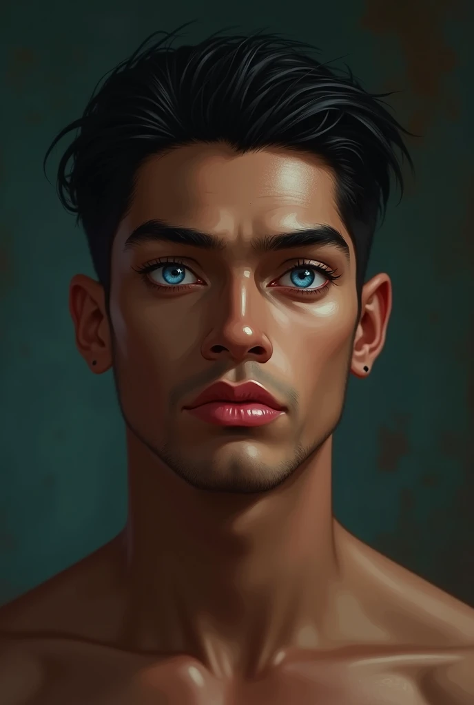 Peruvian character, man. high, light brown skin, blue eyes, Dead expression, plump and pink lips, black hair brushed back.  athletic and slim body . 