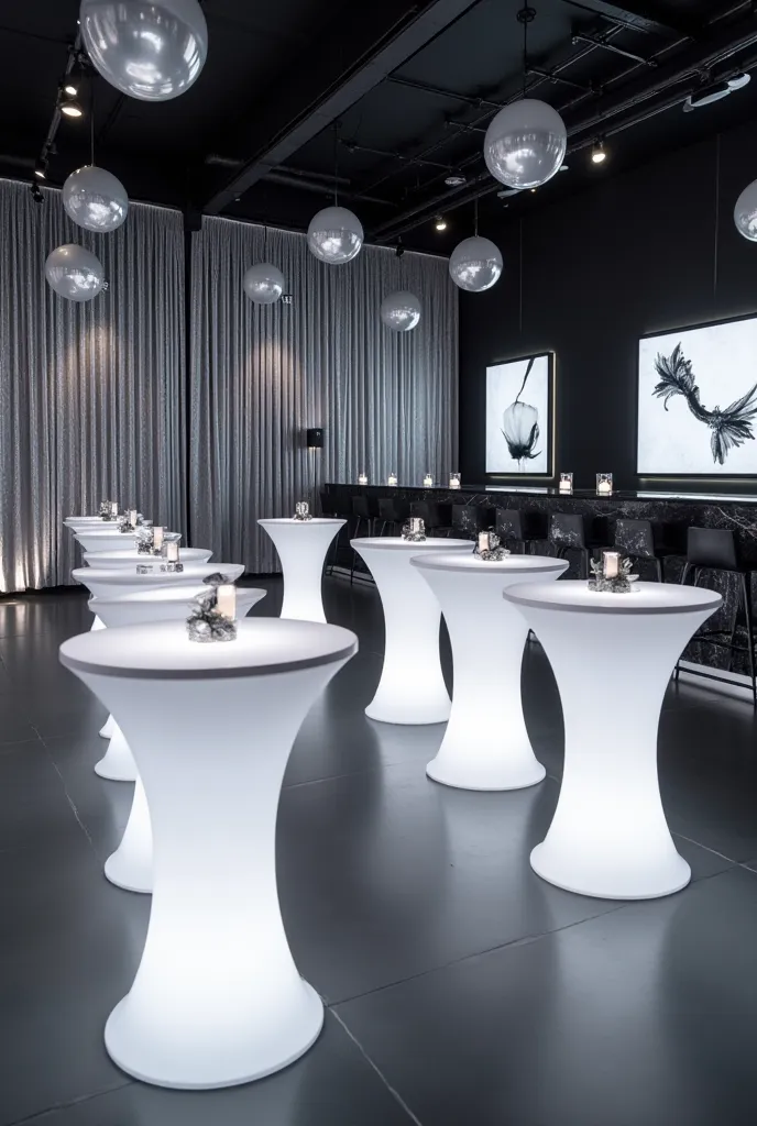 - Elegant tall white tables without chairs.
- Monochrome white decor, black and silver.
- Walls adorned with shiny silver curtains and black and white abstract art.
- Dim, atmospheric lighting with highlights.
- Silver and black balloons floating above.
- ...