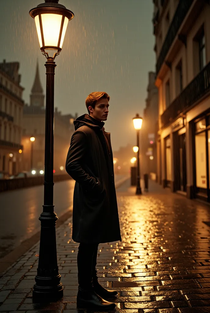 A solitary young man stands under a glowing streetlamp on a rainy night in Paris. He is wearing a sleek, dark raincoat with the hood pulled up, casting a shadow over his contemplative face. Raindrops glisten as they fall around him, illuminated by the soft...