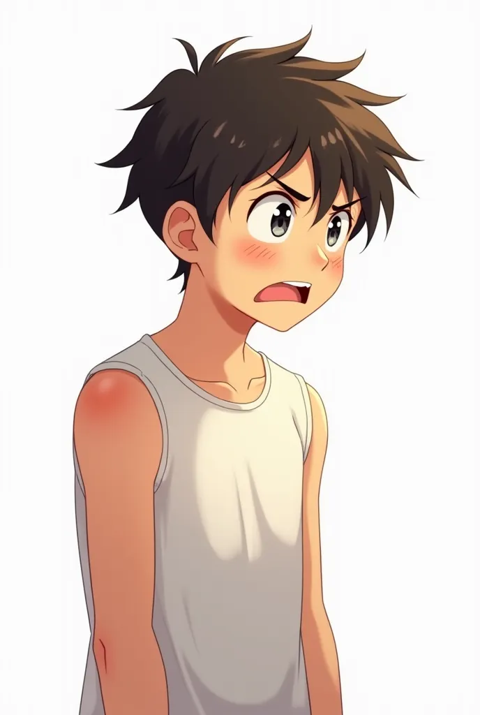 "2D anime-style drawing of a young ager between 16 and 18 years old, with a medium stocky physique. He wears a sleeveless shirt that highlights his arms. His face shows a clear expression of disgust: cejas fruncidas, slightly crooked mouth and wrinkled nos...